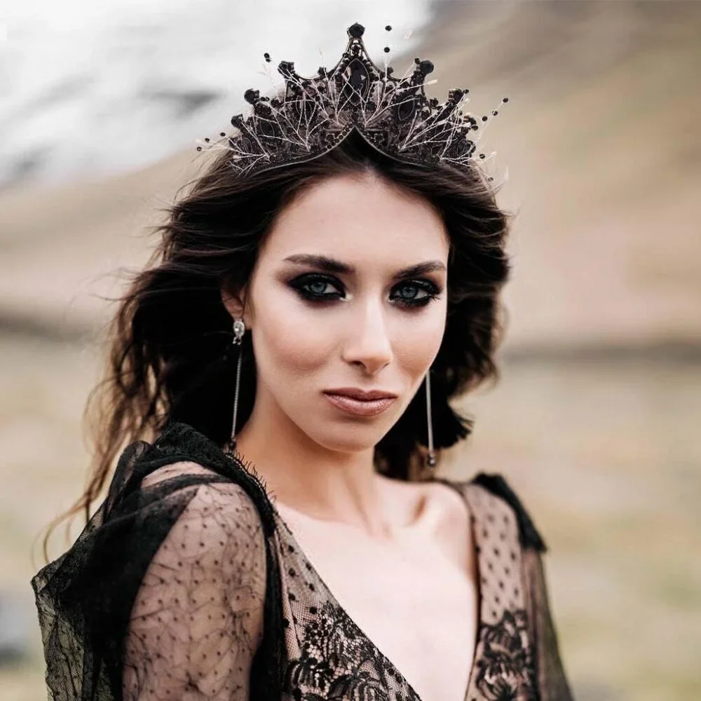 Baroque Black Crown Rhinestone Tiara Bridal Prom Hair Accessory for Women Girls
